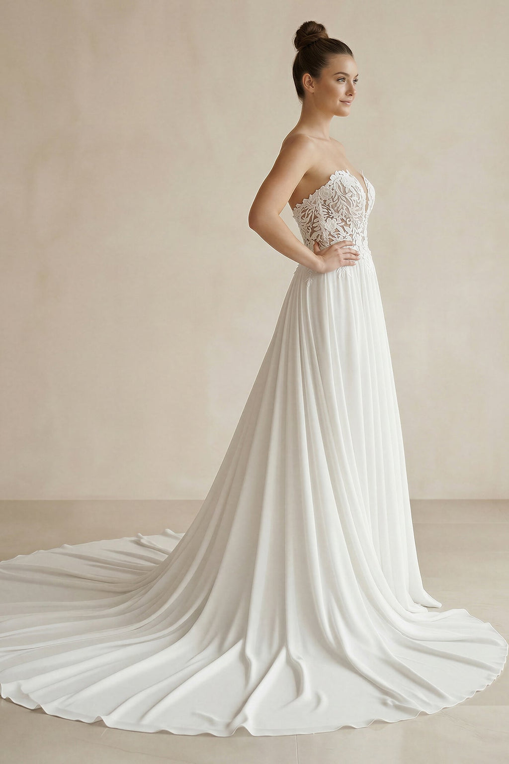 White Sweetheart Long Lace Boho Wedding Dress with Slit - Curvevia