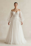 Appliqued Tulle A-Line Off-the Shoulder Wedding Dress With Sleeve in White - Curvevia