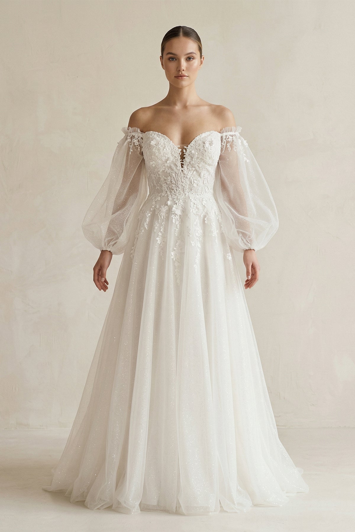 Appliqued Tulle A-Line Off-the Shoulder Wedding Dress With Sleeve in White - Curvevia
