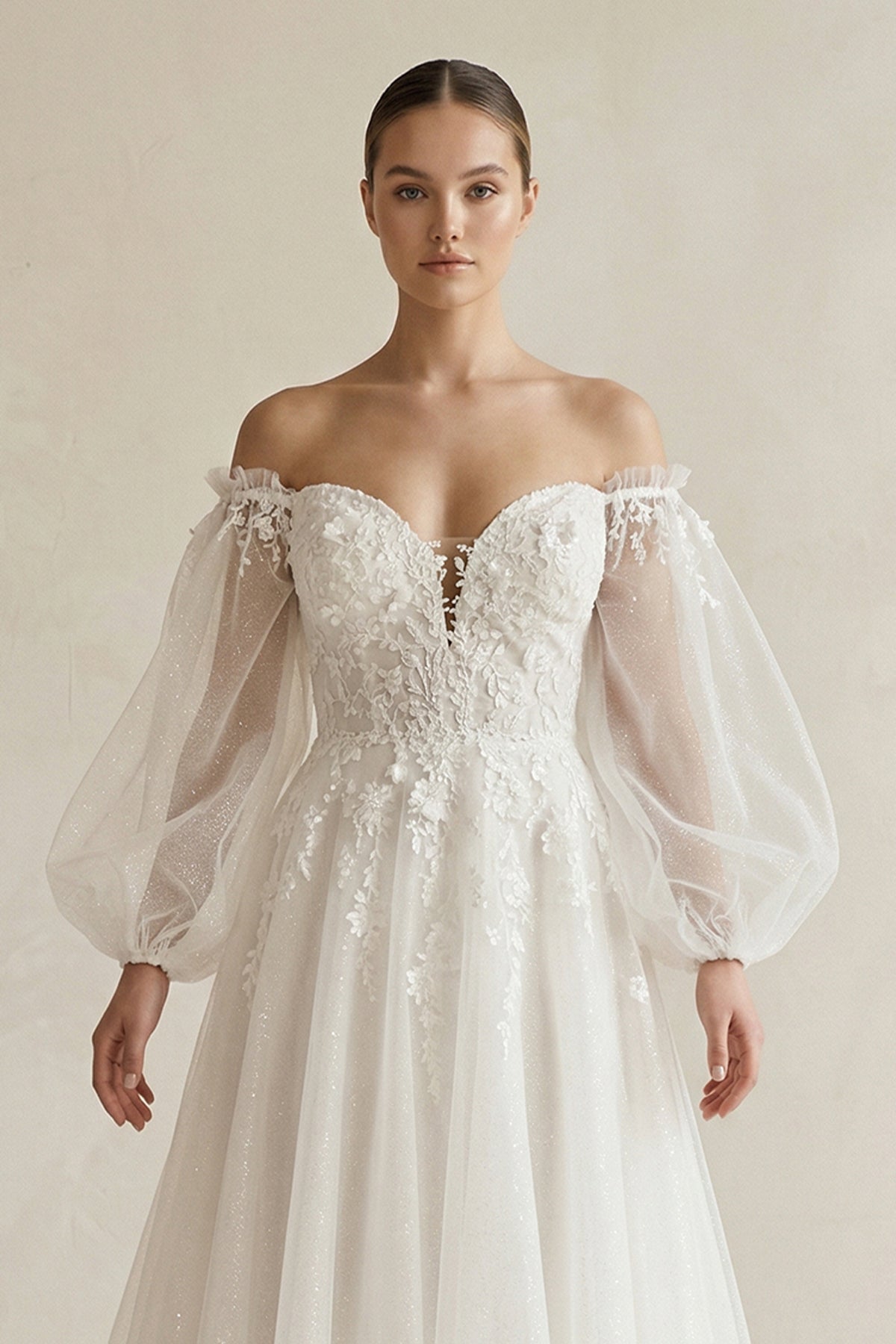 Appliqued Tulle A-Line Off-the Shoulder Wedding Dress With Sleeve in White - Curvevia