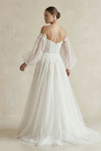 Appliqued Tulle A-Line Off-the Shoulder Wedding Dress With Sleeve in White - Curvevia