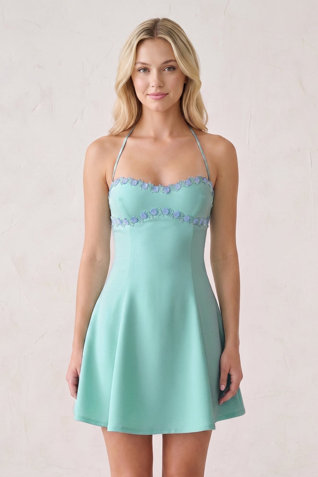 Pink Halter A-Line Embroidery Satin Short Wedding Guest Dress - Curvevia