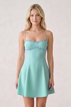 Pink Halter A-Line Embroidery Satin Short Wedding Guest Dress - Curvevia