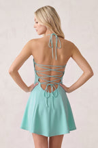 Pink Halter A-Line Embroidery Satin Short Wedding Guest Dress - Curvevia
