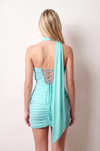 Pink Halter Tulle Sheath Ruched Homecoming Dress With Lace-Up Back - Curvevia