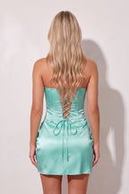 Yellow Lace Strapless Bodycon Ruched Satin Homecoming Dress - Curvevia