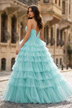 Spaghetti Straps Sweetheart Layered Tulle Formal Prom Dress with Slit - Curvevia