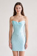 Aqua Off-the-Shoulder Satin Sheath Corset Homecoming Dress With Pearl - Curvevia