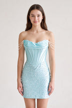 Aqua Off-the-Shoulder Satin Sheath Corset Homecoming Dress With Pearl - Curvevia
