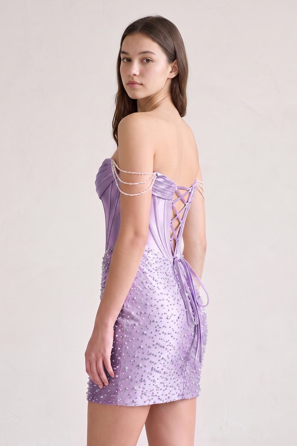 Aqua Off-the-Shoulder Satin Sheath Corset Homecoming Dress With Pearl - Curvevia