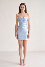 Aqua Off-the-Shoulder Satin Sheath Corset Homecoming Dress With Pearl - Curvevia
