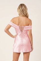 Aqua Off-the-Shoulder Satin Sheath Homecoming Dress - Curvevia