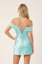 Aqua Off-the-Shoulder Satin Sheath Homecoming Dress - Curvevia