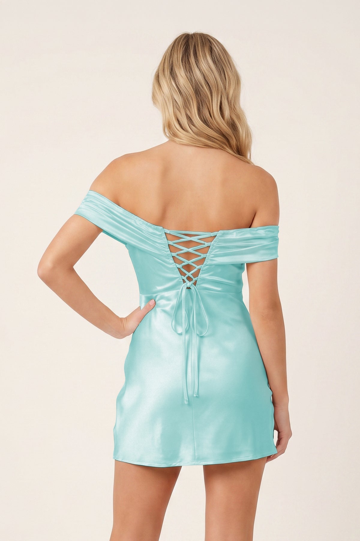 Aqua Off-the-Shoulder Satin Sheath Homecoming Dress - Curvevia