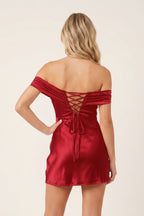 Aqua Off-the-Shoulder Satin Sheath Homecoming Dress - Curvevia
