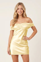 Aqua Off-the-Shoulder Satin Sheath Homecoming Dress - Curvevia