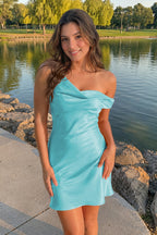 Aqua One-Shoulder Satin Ruched Sheath Homecoming Dress - Curvevia