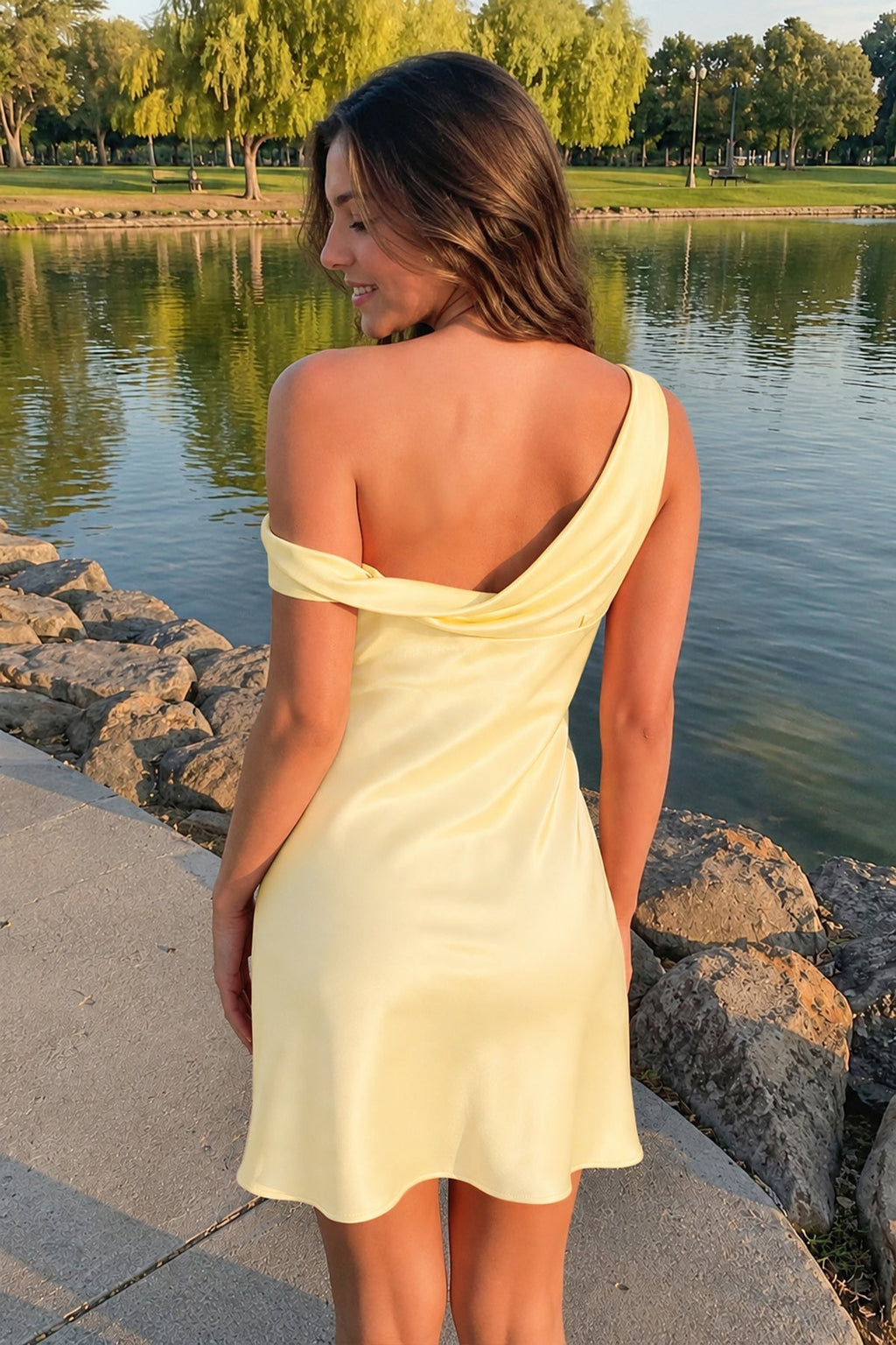 Aqua One-Shoulder Satin Ruched Sheath Homecoming Dress - Curvevia