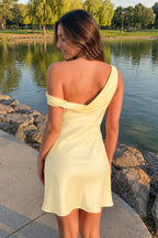 Aqua One-Shoulder Satin Ruched Sheath Homecoming Dress - Curvevia