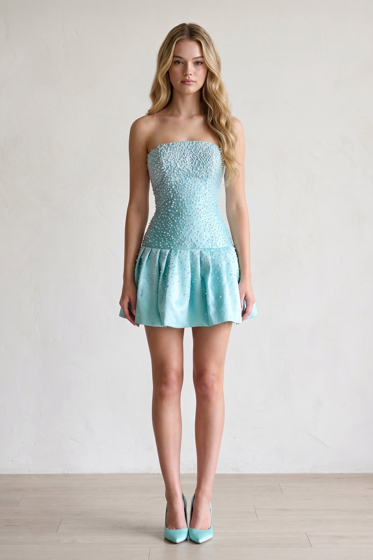 Aqua Pearl A-Line Strapless Satin Homecoming Dress With Lace-up Back - Curvevia