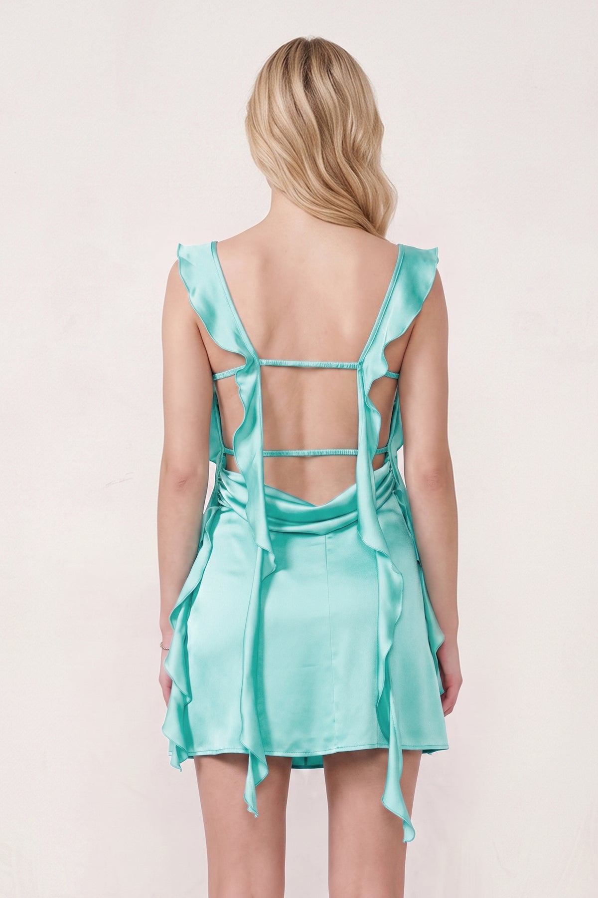 Aqua Ruffled Sheath Square Neck Satin Ruched Homecoming Dress - Curvevia