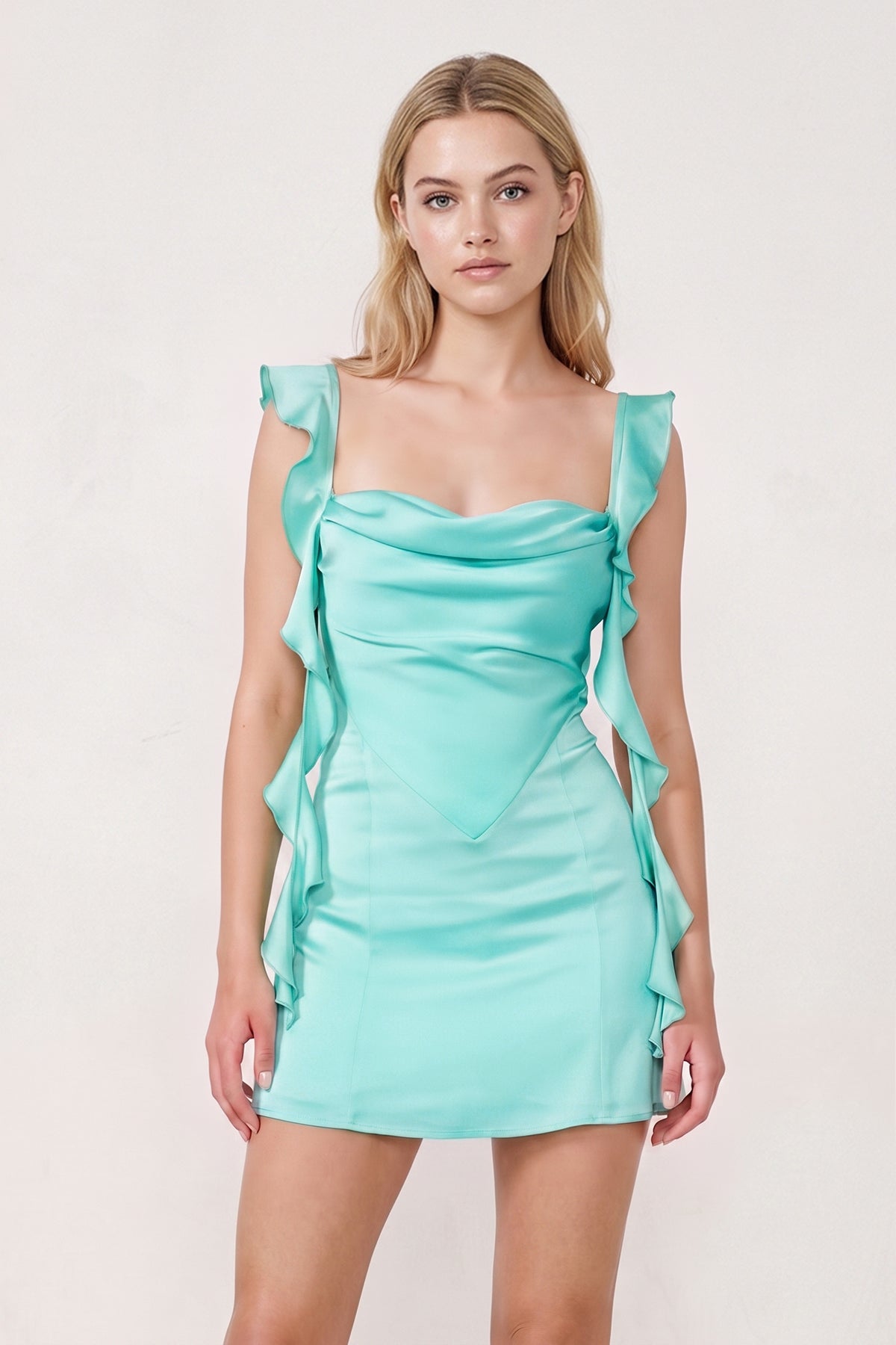 Aqua Ruffled Sheath Square Neck Satin Ruched Homecoming Dress - Curvevia