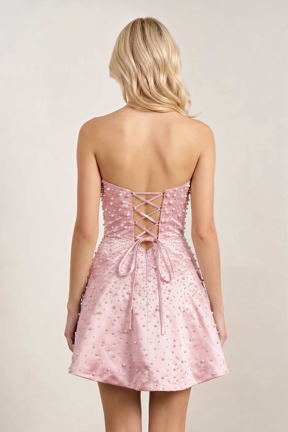 Aqua Satin A-Line Strapless Pearl Short Wedding Guest Dress - Curvevia