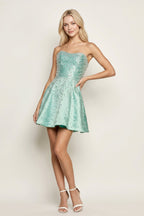 Aqua Satin A-Line Strapless Pearl Short Wedding Guest Dress - Curvevia