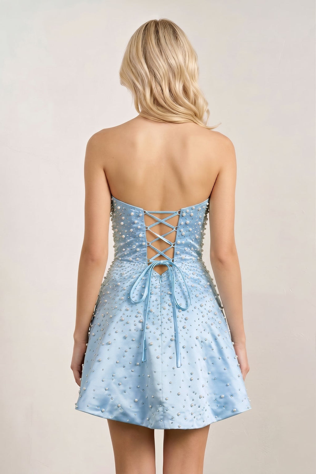 Aqua Satin A-Line Strapless Pearl Short Wedding Guest Dress - Curvevia