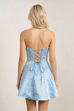 Aqua Satin A-Line Strapless Pearl Short Wedding Guest Dress - Curvevia