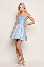 Aqua Satin A-Line Strapless Pearl Short Wedding Guest Dress - Curvevia