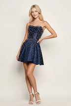 Aqua Satin A-Line Strapless Pearl Short Wedding Guest Dress - Curvevia