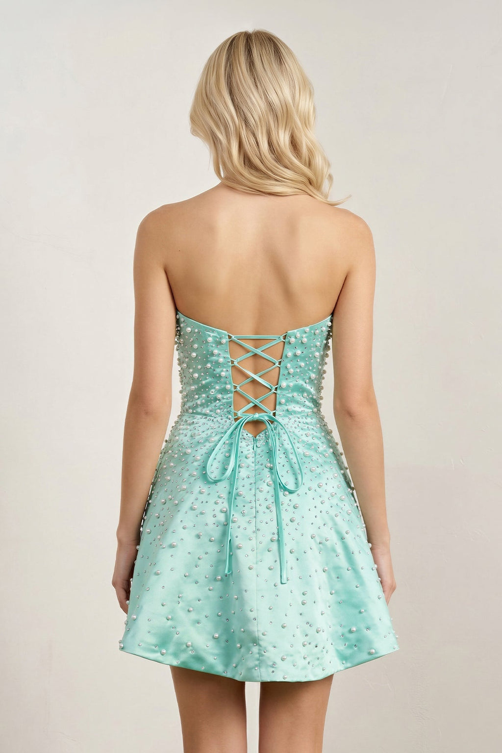 Aqua Satin A-Line Strapless Pearl Short Wedding Guest Dress - Curvevia