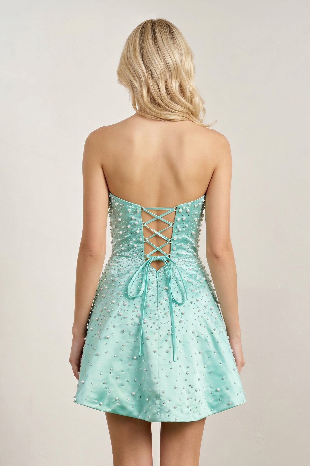 Aqua Satin A-Line Strapless Pearl Short Wedding Guest Dress - Curvevia