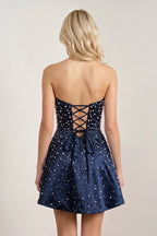 Aqua Satin A-Line Strapless Pearl Short Wedding Guest Dress - Curvevia