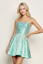 Aqua Satin A-Line Strapless Pearl Short Wedding Guest Dress - Curvevia