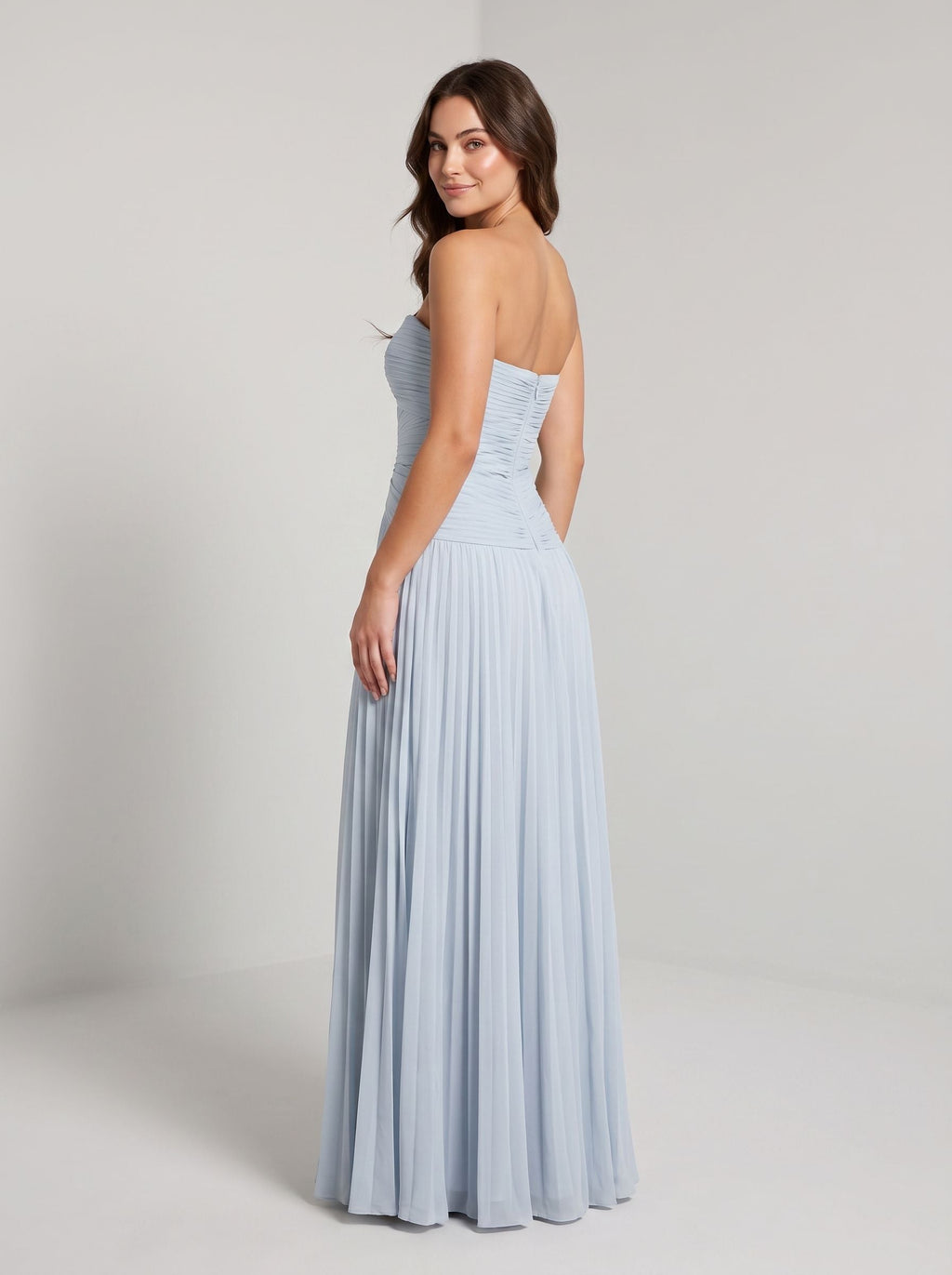 Mist Chiffon column Sweetheart Back Zip Floor-Length Dress with Pleated Bodice and Slit - Curvevia