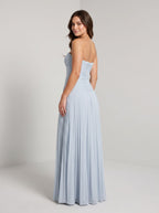 Mist Chiffon column Sweetheart Back Zip Floor-Length Dress with Pleated Bodice and Slit - Curvevia