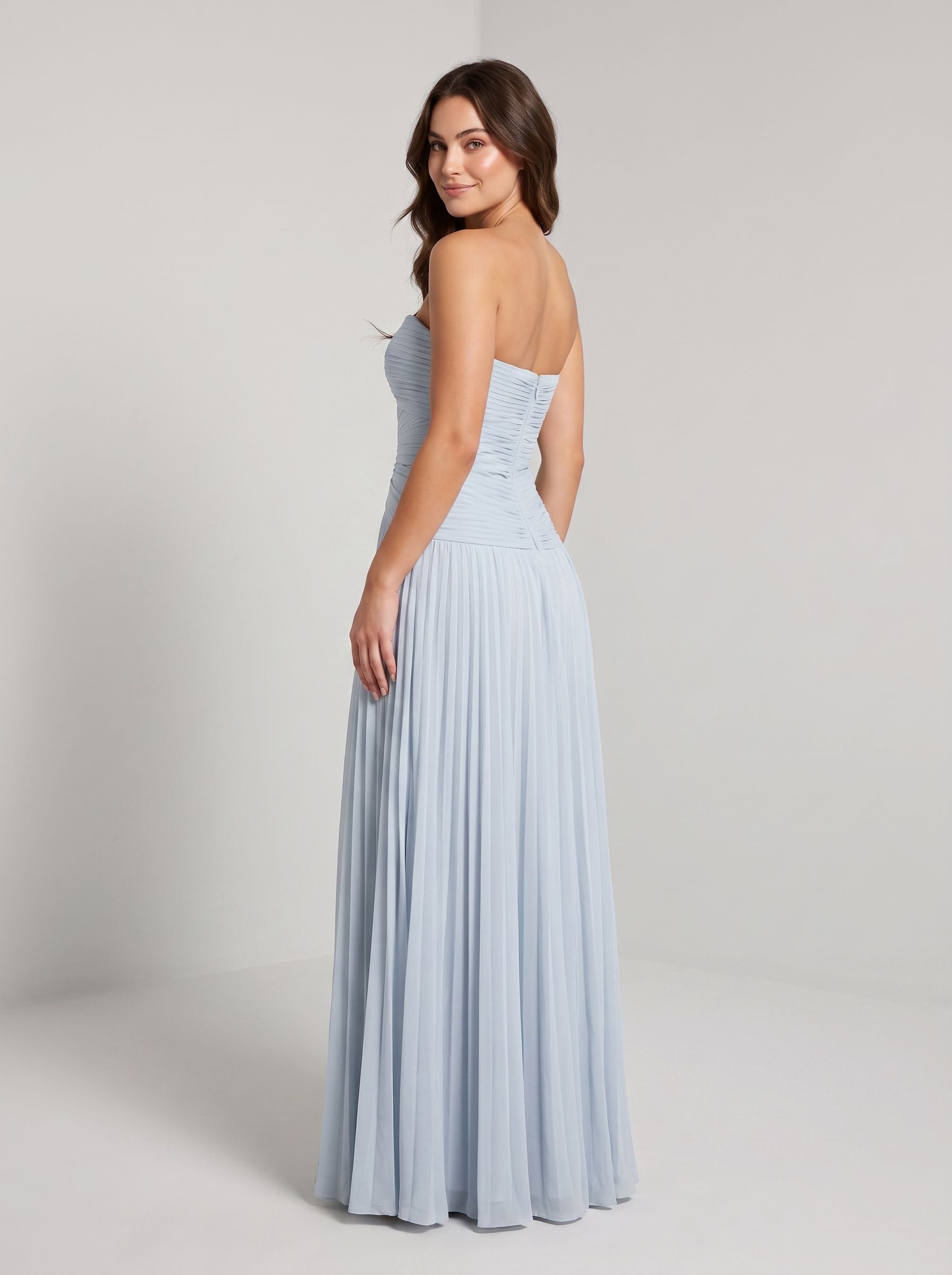 Mist Chiffon column Sweetheart Back Zip Floor-Length Dress with Pleated Bodice and Slit - Curvevia