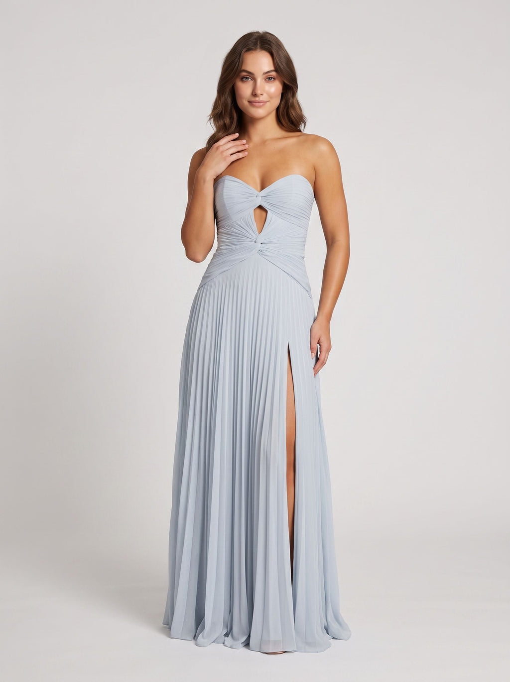 Mist Chiffon column Sweetheart Back Zip Floor-Length Dress with Pleated Bodice and Slit - Curvevia