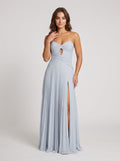 Mist Chiffon column Sweetheart Back Zip Floor-Length Dress with Pleated Bodice and Slit - Curvevia