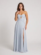 Mist Chiffon column Sweetheart Back Zip Floor-Length Dress with Pleated Bodice and Slit - Curvevia
