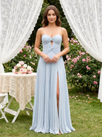 Mist Chiffon column Sweetheart Back Zip Floor-Length Dress with Pleated Bodice and Slit - Curvevia