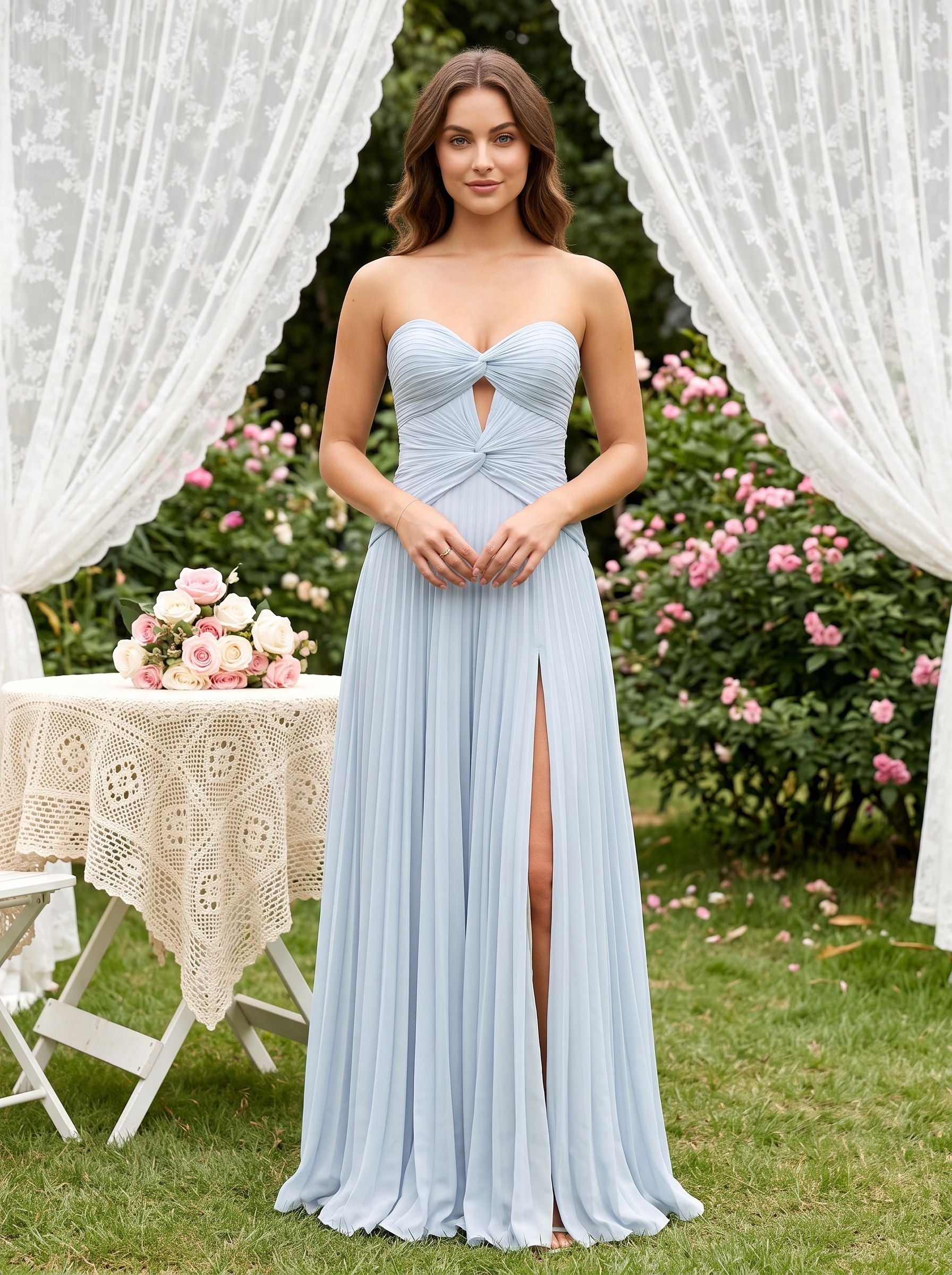 Mist Chiffon column Sweetheart Back Zip Floor-Length Dress with Pleated Bodice and Slit - Curvevia
