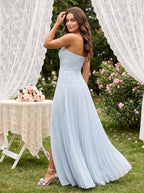 Mist Chiffon column Sweetheart Back Zip Floor-Length Dress with Pleated Bodice and Slit - Curvevia