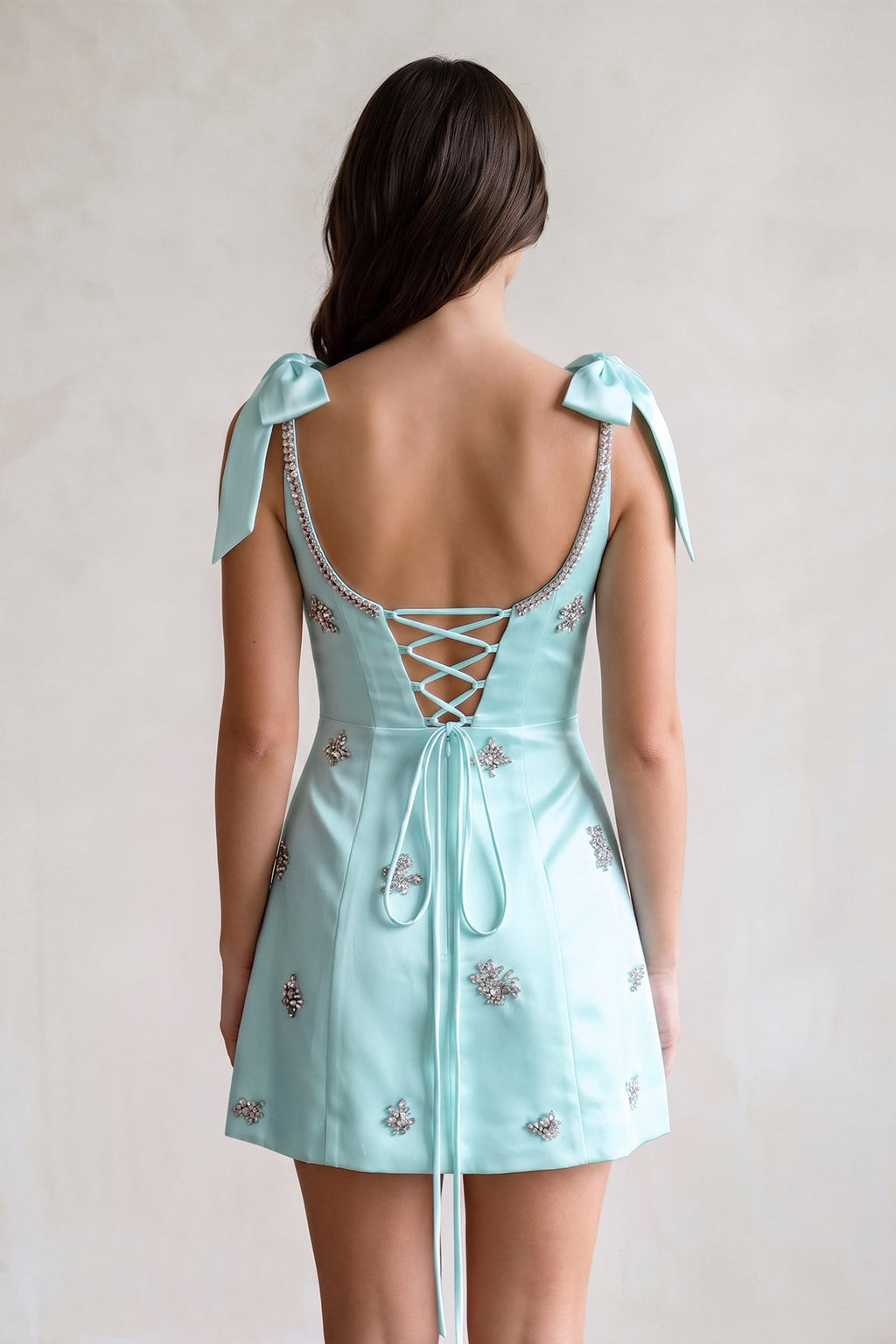 White Scoop Neck A-Line Satin Beaded Homecoming Dress with Bow - Curvevia