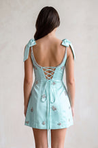 White Scoop Neck A-Line Satin Beaded Homecoming Dress with Bow - Curvevia