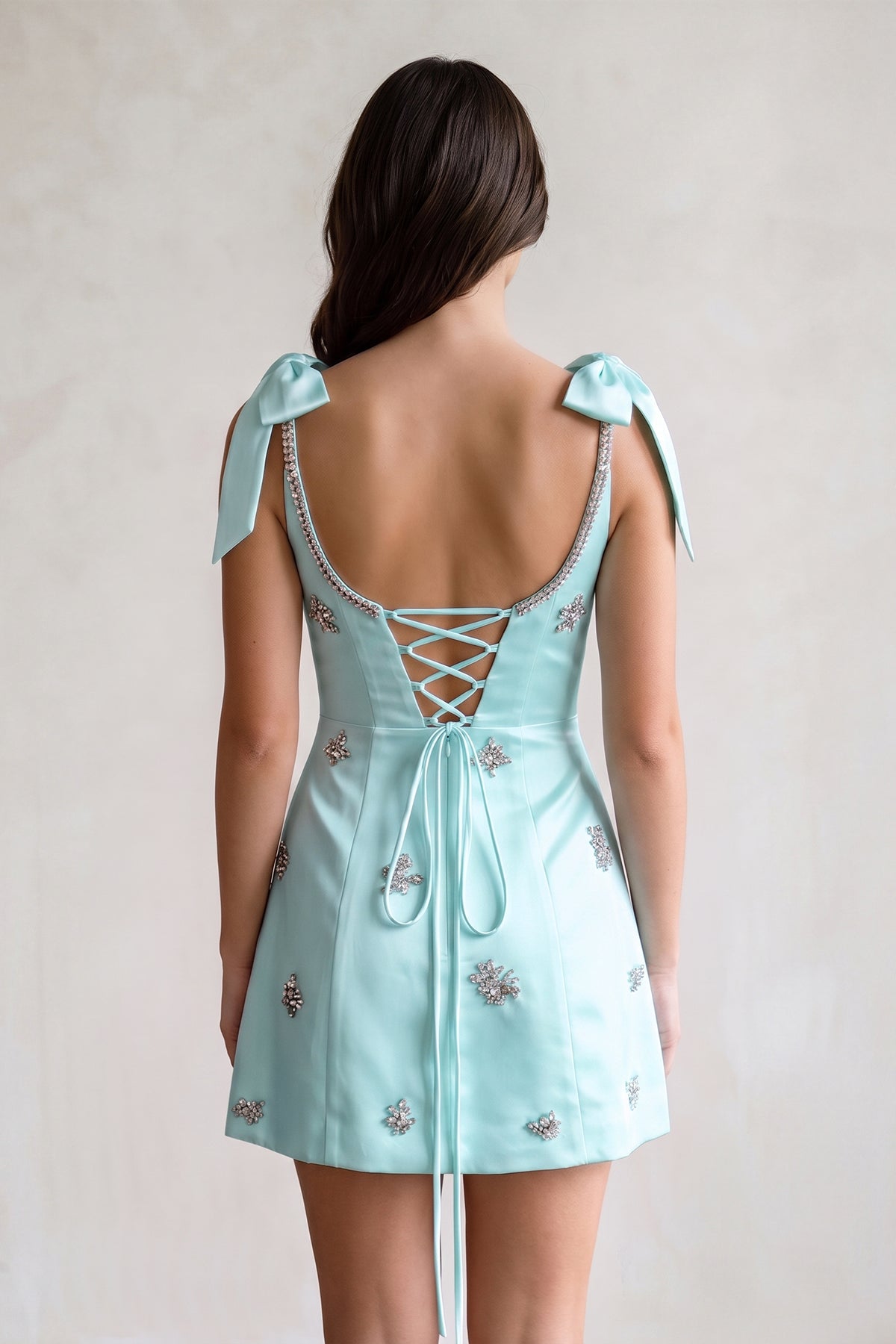 White Scoop Neck A-Line Satin Beaded Homecoming Dress with Bow - Curvevia