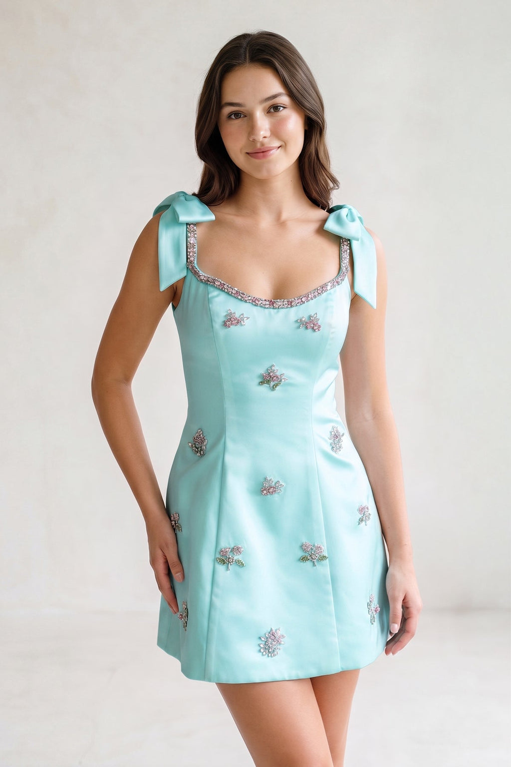 White Scoop Neck A-Line Satin Beaded Homecoming Dress with Bow - Curvevia