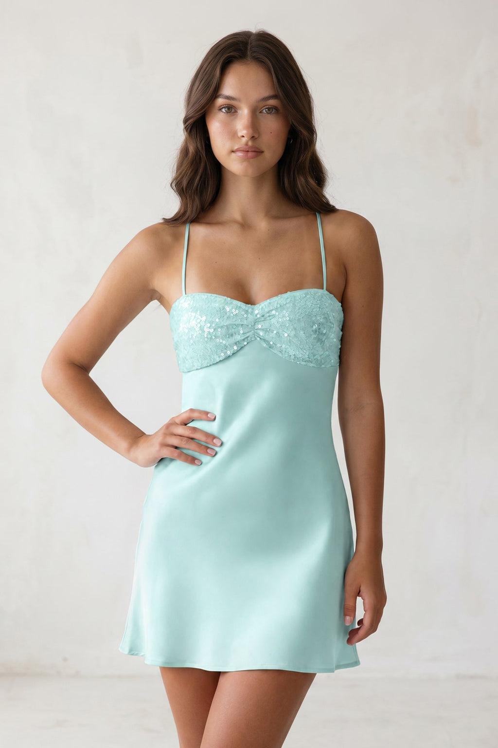 Sky Blue Spaghetti Straps Sheath Satin Homecoming Dress With Sequins - Curvevia